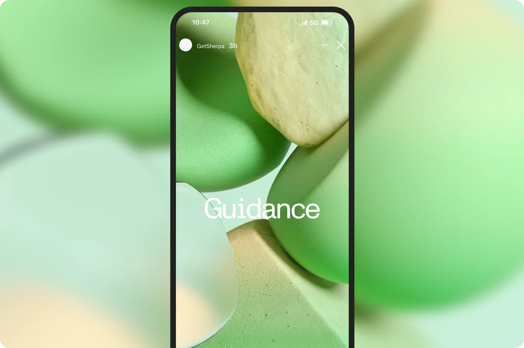 Phone mockup with Guidance app on green gradient background