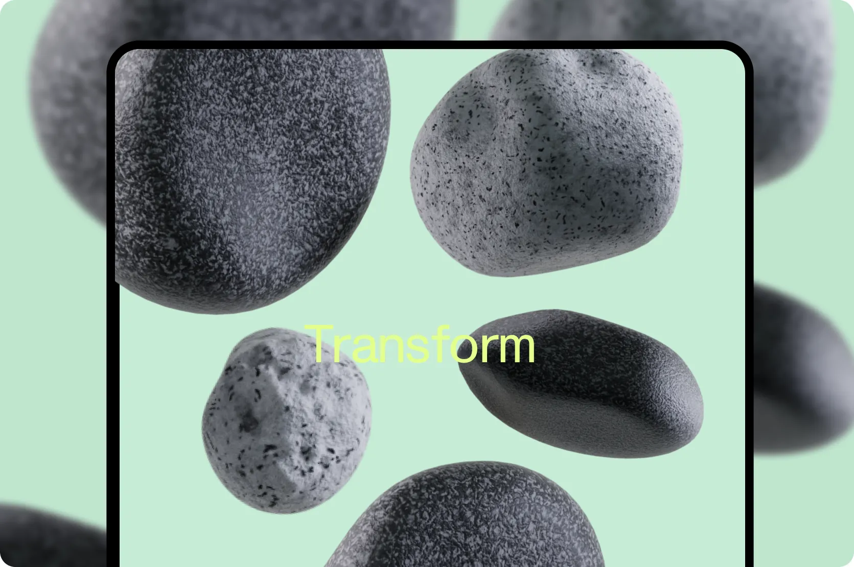 Phone mockup with Transform app showing rocks on mint green background